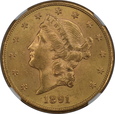 USA, 20 Dolarów Liberty Head 1891 S rok, NGC MS 63