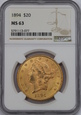 USA, 20 Dolarów Liberty Head 1894 rok, NGC MS 63