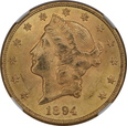 USA, 20 Dolarów Liberty Head 1894 rok, NGC MS 63