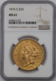 USA, 20 Dolarów Liberty Head 1876 S rok, NGC MS 61
